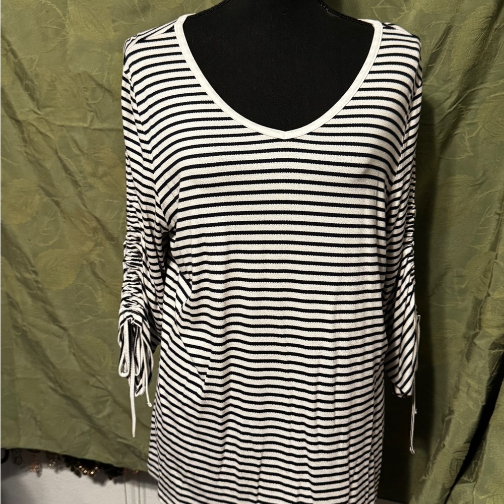 Christopher & Banks Black and White Striped Tie Sleeve Top Sz Petite Lg NWT